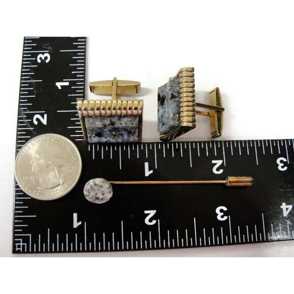 Vintage Blue Marble Gold Tone Vintage Cufflink Set with Stick Pin - Picture 7 of 12